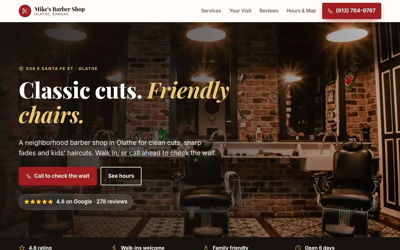 Homepage of a sample website design for Mikes Barber Shop